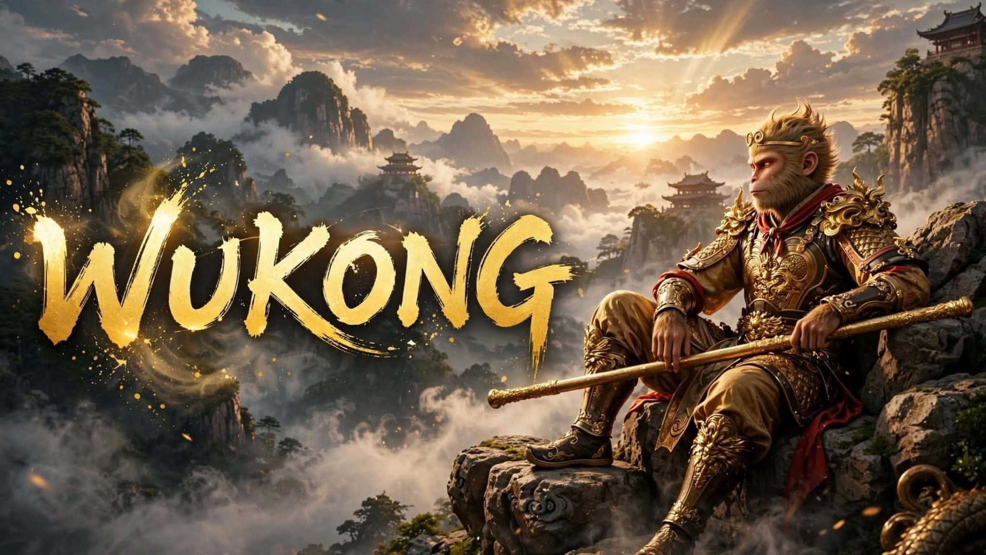 Sun Wukong seated above a celestial mountain kingdom